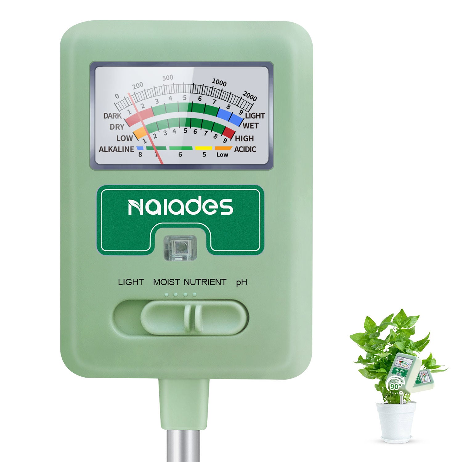 Naiades Soil Moisture Meter for Plants, 4-in-1 Soil pH Tester, Soil Tester for Moisture, Light, Nutrients, pH, Soil Ph Test Kit Water Meter for Indoor Plants & Outdoor Garden, Lawn, Farm (No Battery Required) --Green P404