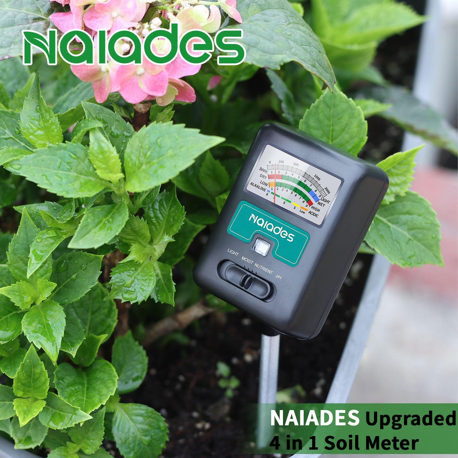 Naiades Soil Moisture Meter for Plants, 4-in-1 Soil pH Tester, Soil Tester for Moisture, Light, Nutrients, pH, Soil Ph Test Kit Water Meter for Indoor Plants & Outdoor Garden, Lawn, Farm (No Battery Required) --Black P404