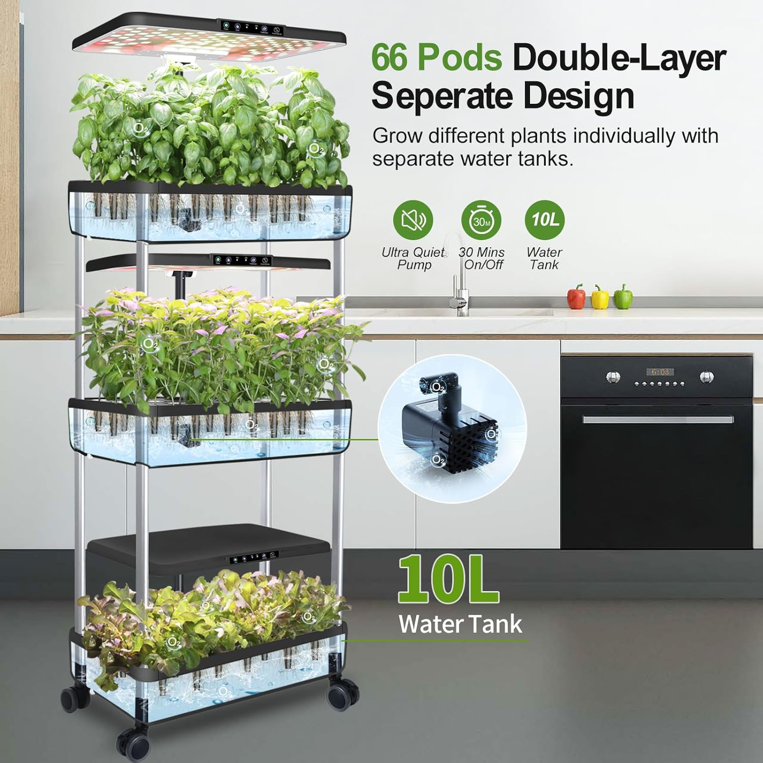 DRYADES 66 Pods Hydroponics Growing System, DRYADES Three Layers Indoor Garden with LED Full Spectrum Grow Light, 3 × 13.3L Water Tanks, Height & Angle Adjustable, Professional Smart Plant Germination Kits --Z243