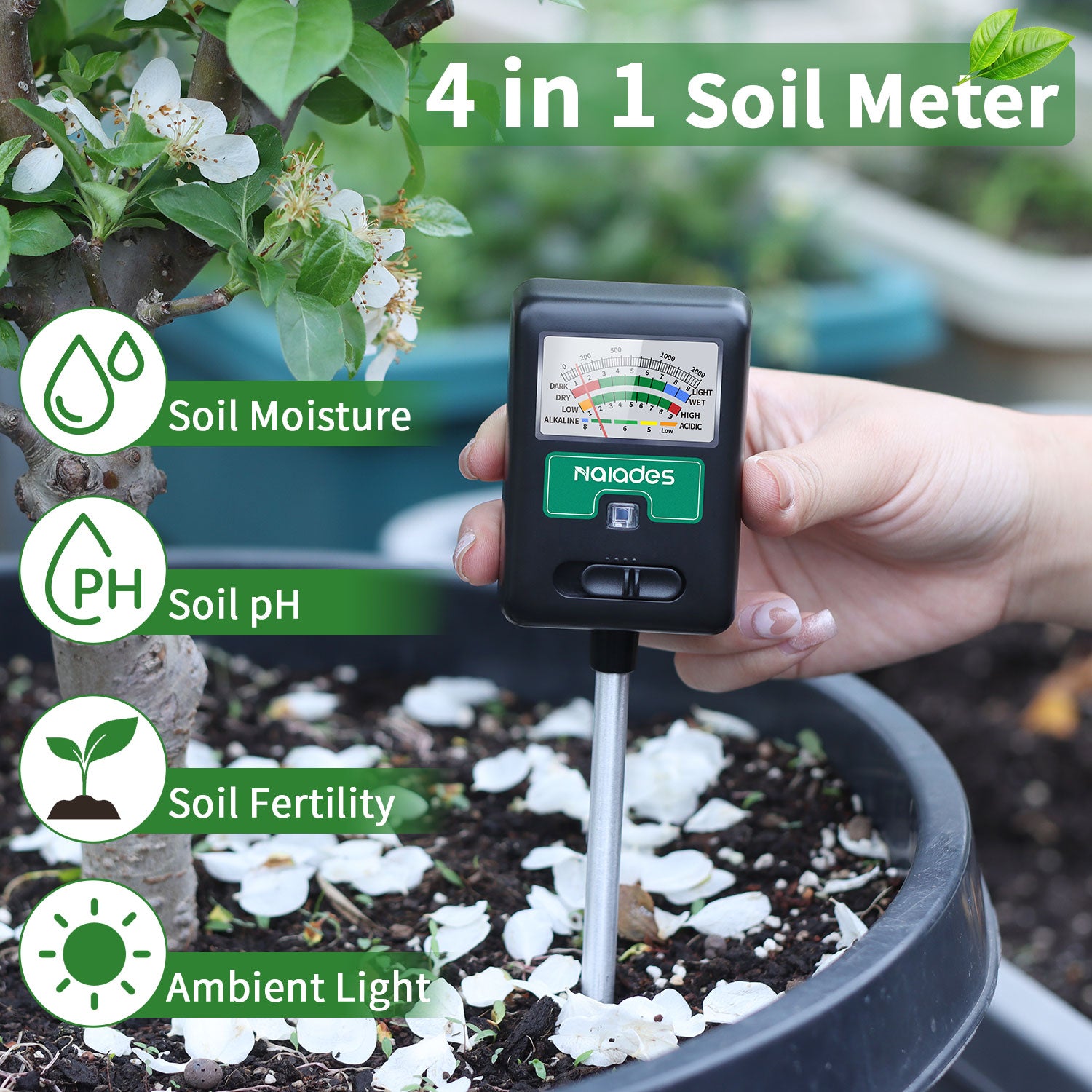 Naiades Soil Moisture Meter for Plants, 4-in-1 Soil pH Tester, Soil Tester for Moisture, Light, Nutrients, pH, Soil Ph Test Kit Water Meter for Indoor Plants & Outdoor Garden, Lawn, Farm (No Battery Required) --Black P404