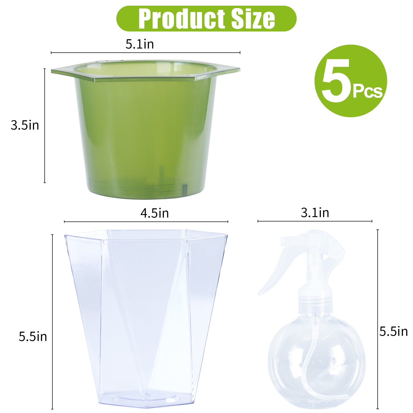 OLiz Self Watering Planter 5 Pcs, 4.5 Inch Flower Plant Pot with Transparent Inner Pot, Gardening Flowerpot with Watering Can, Indoor Self Watering Planter Pot for Herbs, Flowers (Green)/(White) U05