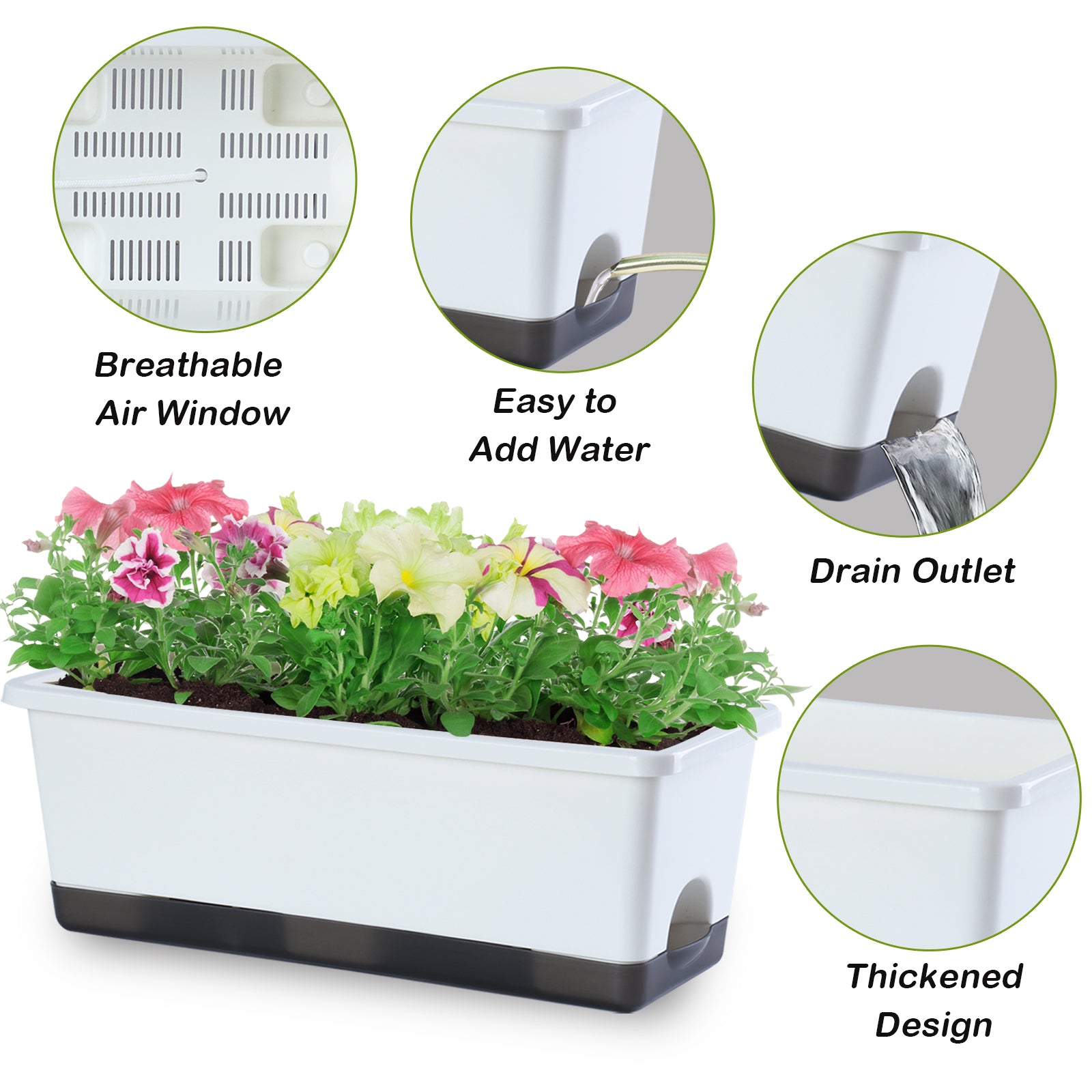 OLiz Window Box Planter 8 Pcs, 17 Inches Rectangle Flower Pots with Drainage Holes and Trays, Vegetable Planters for Windowsill Patio Garden Balcony Home Porch Yard Indoor Outdoor (White)--SC11