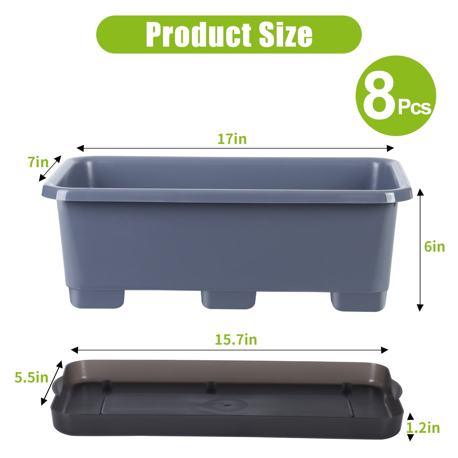 OLiz Window Box Planter 8 Pcs, 17 Inches Rectangle Flower Pots with Drainage Holes and Trays, Vegetable Planters for Windowsill Patio Garden Balcony Home Porch Yard Indoor Outdoor (Grey)--SC11