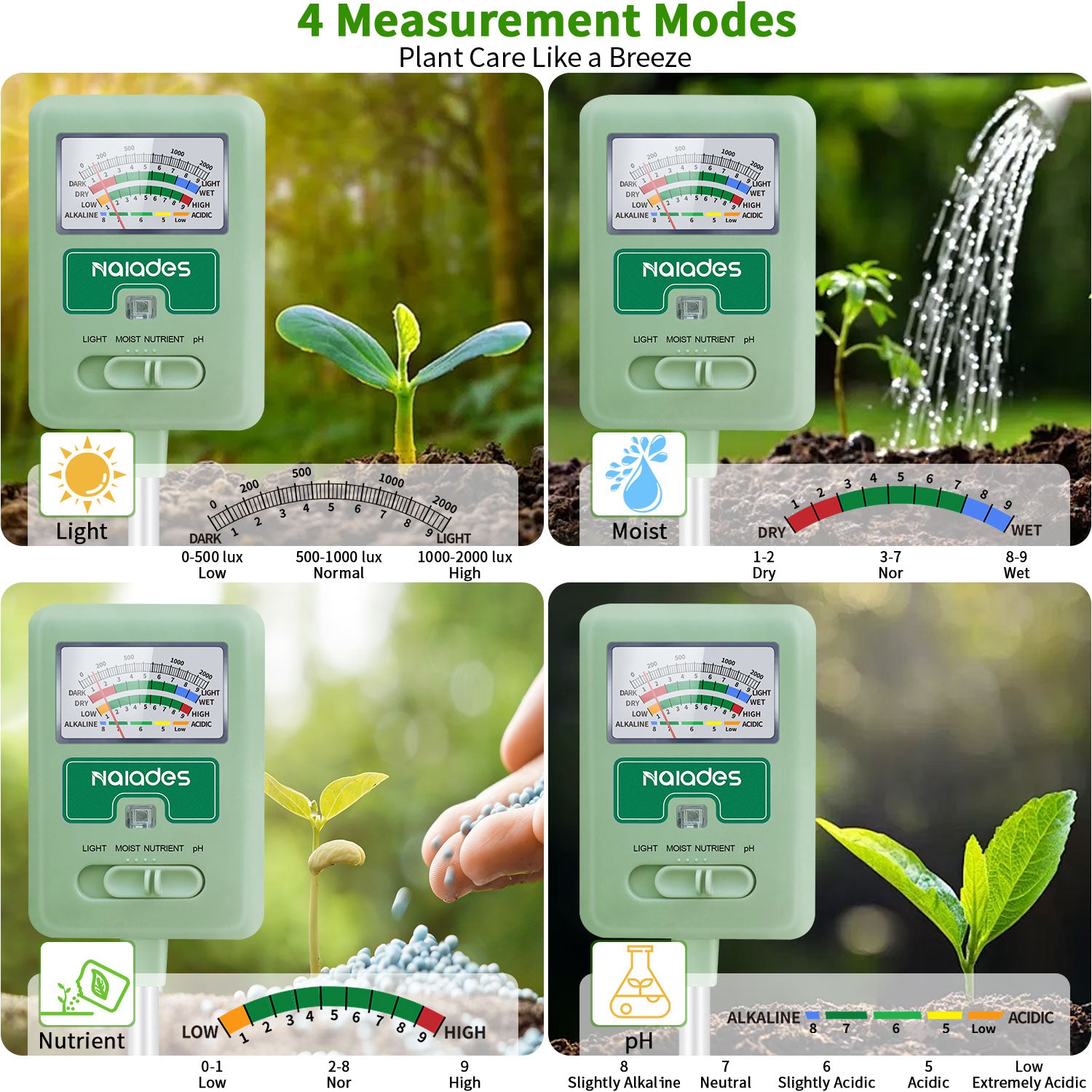 Naiades Soil Moisture Meter for Plants, 4-in-1 Soil pH Tester, Soil Tester for Moisture, Light, Nutrients, pH, Soil Ph Test Kit Water Meter for Indoor Plants & Outdoor Garden, Lawn, Farm (No Battery Required) --Green P404