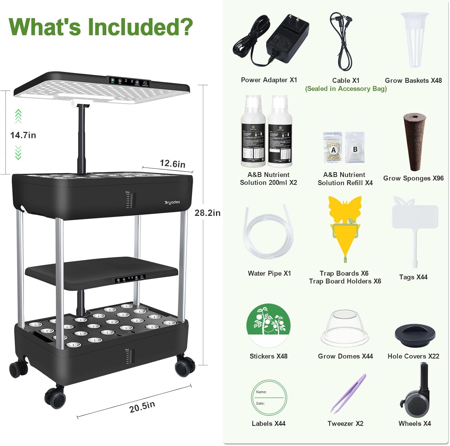 DRYADES 44 Pods Hydroponics Growing System, DRYADES Dual Layers Indoor Garden with LED Full Spectrum Grow Light, 2 × 13.3L Water Tanks, Height & Angle Adjustable, Professional Smart Plant Germination Kits - Z243