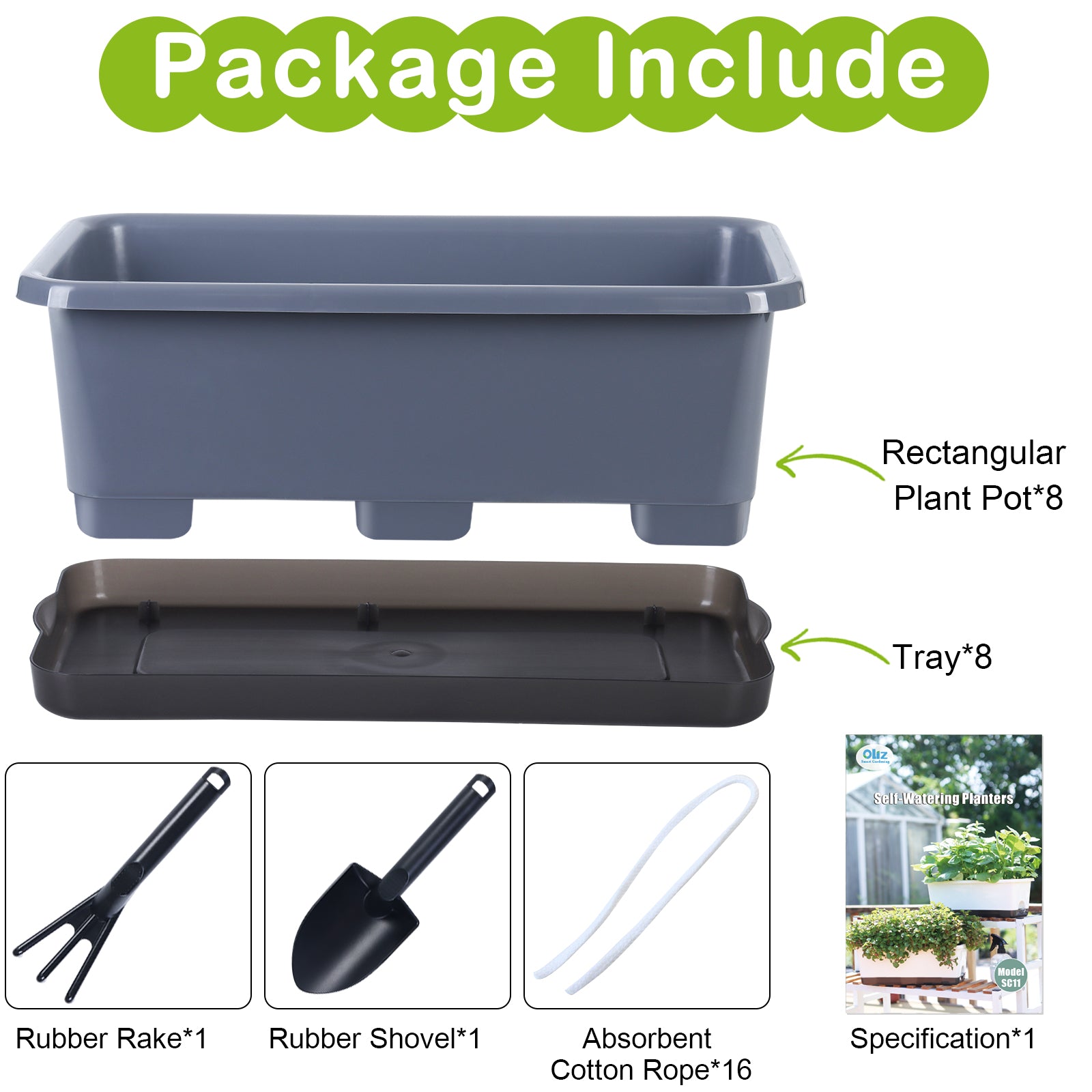 OLiz Window Box Planter 8 Pcs, 17 Inches Rectangle Flower Pots with Drainage Holes and Trays, Vegetable Planters for Windowsill Patio Garden Balcony Home Porch Yard Indoor Outdoor (Grey)--SC11