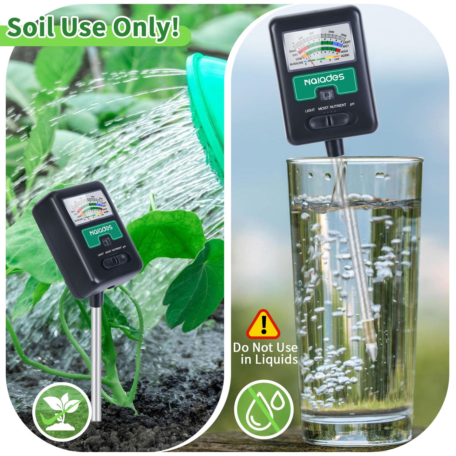 Naiades Soil Moisture Meter for Plants, 4-in-1 Soil pH Tester, Soil Tester for Moisture, Light, Nutrients, pH, Soil Ph Test Kit Water Meter for Indoor Plants & Outdoor Garden, Lawn, Farm (No Battery Required) --Black P404