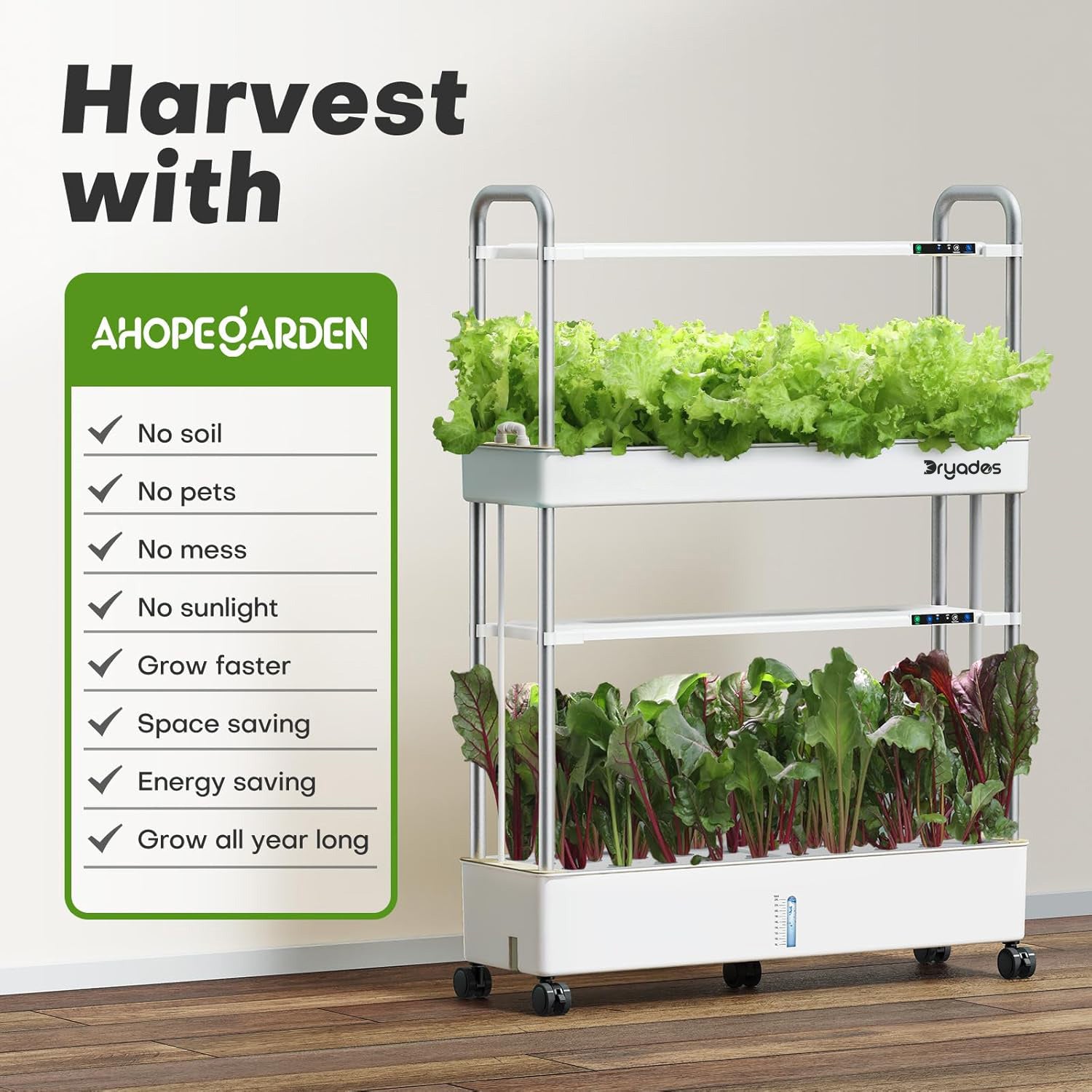 Dryades Large Hydroponics Growing System Kit, 60 Pods Vertical Hydroponic Garden with 2 Light Modes Grow Light, Auto Circulating Water System, 32L Indoor Gardening System for Herb Vegetable Fruit Z210-2P-WH