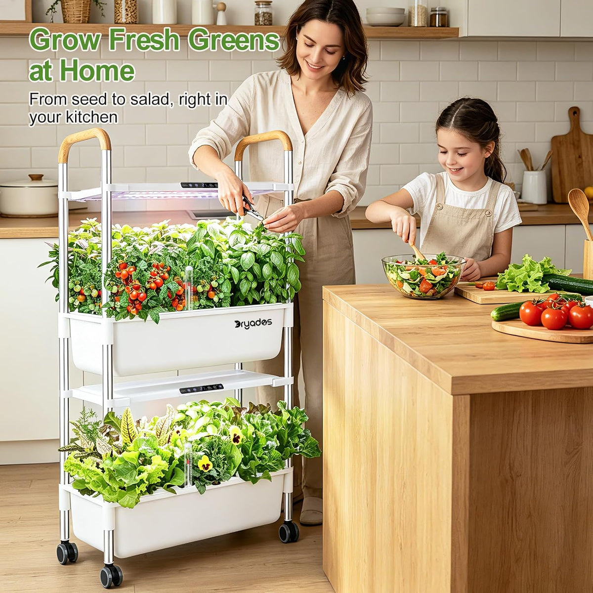 Dryades 54-Pod Hydroponic Growing System, 2-Tier Indoor Garden for Herbs & Vegetables with 2×30W Full-Spectrum LED Grow Lights, 28L Water Capacity, Rolling Stand, Starter Seeds Included Z248-2-WH