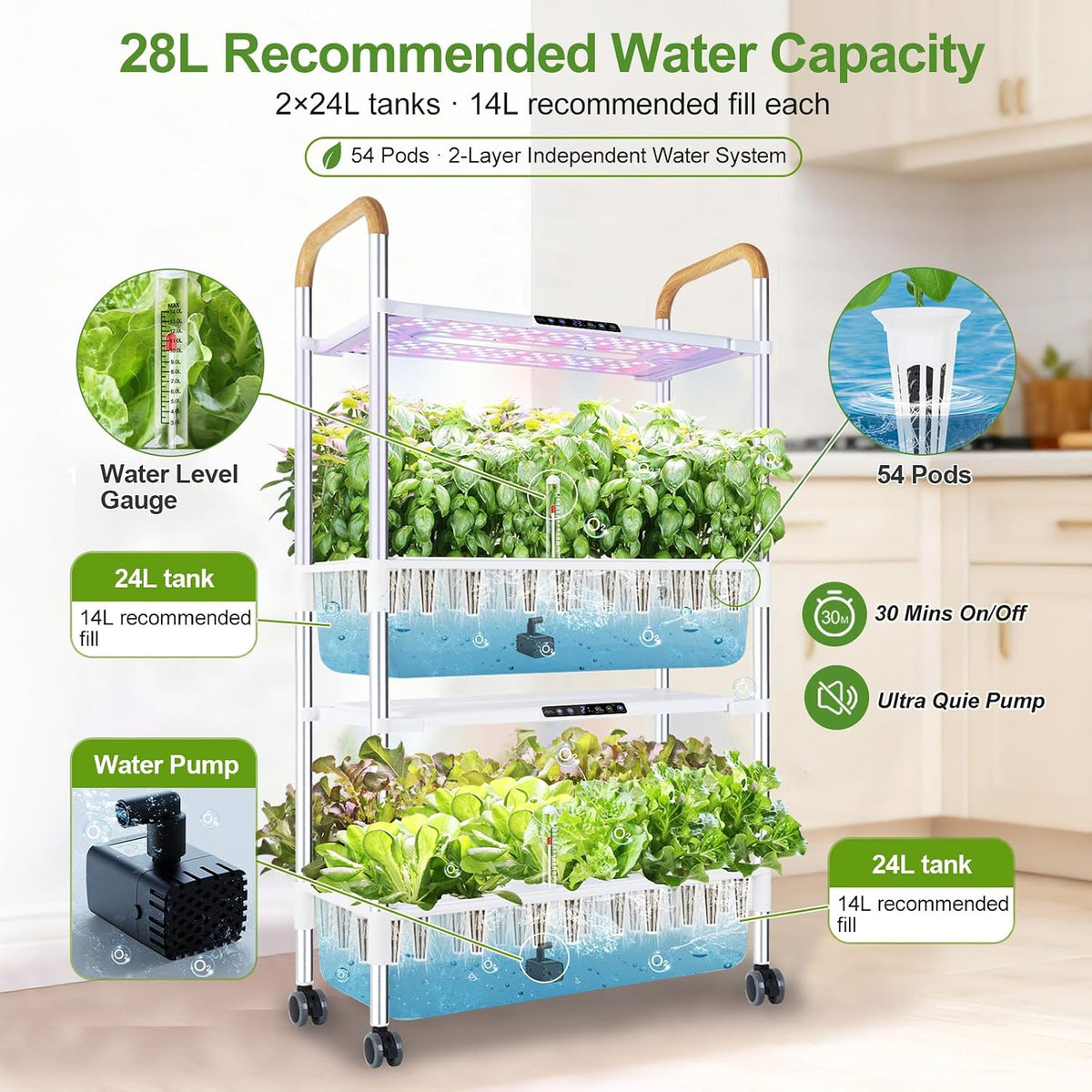 Dryades 54-Pod Hydroponic Growing System, 2-Tier Indoor Garden for Herbs & Vegetables with 2×30W Full-Spectrum LED Grow Lights, 28L Water Capacity, Rolling Stand, Starter Seeds Included Z248-2-WH