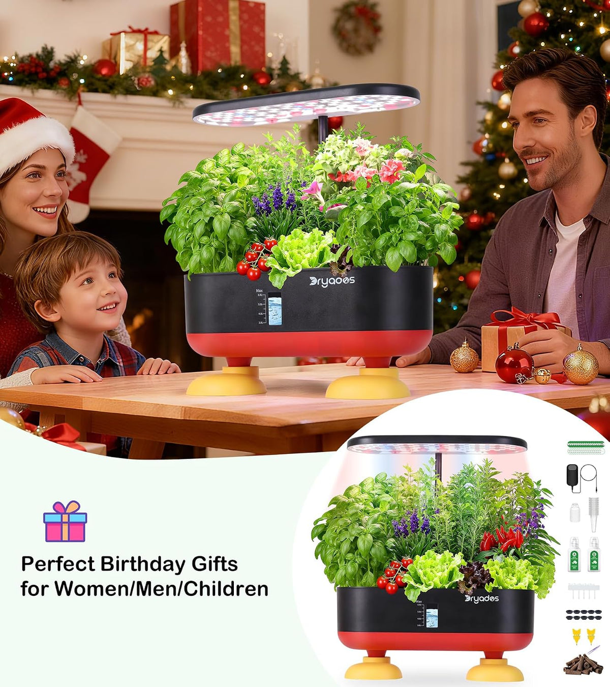 Dryades 16 Pods Hydroponic Growing System, Indoor Garden with 24W Full-Spectrum LED, Smart Quiet Auto-Watering Herb Planter, Classic Red-Black Gift Design for Home, Office & Holiday Z253