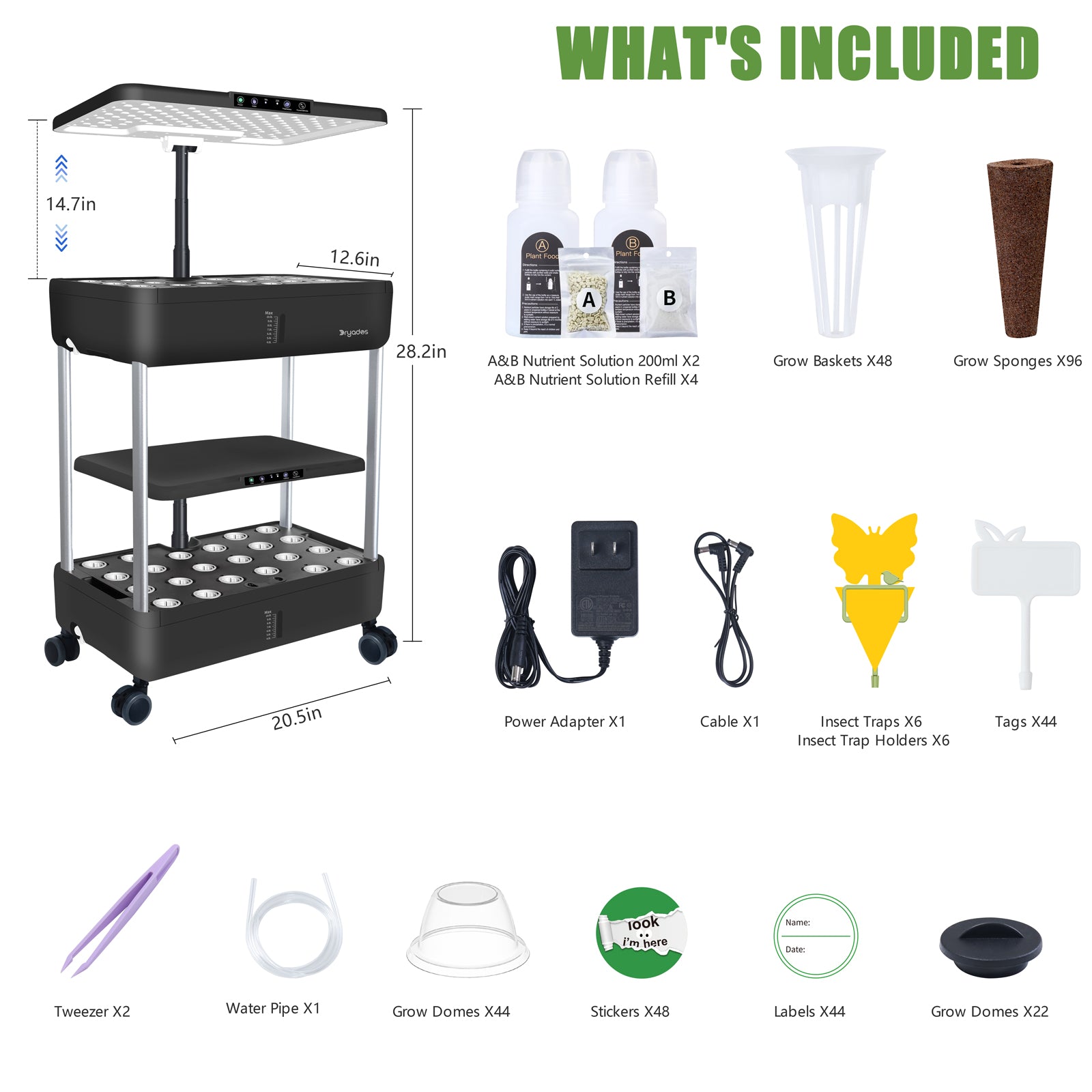 DRYADES 44 Pods Hydroponics Growing System, DRYADES Dual Layers Indoor Garden with LED Full Spectrum Grow Light, 2 × 13.3L Water Tanks, Height & Angle Adjustable, Professional Smart Plant Germination Kits - Z243