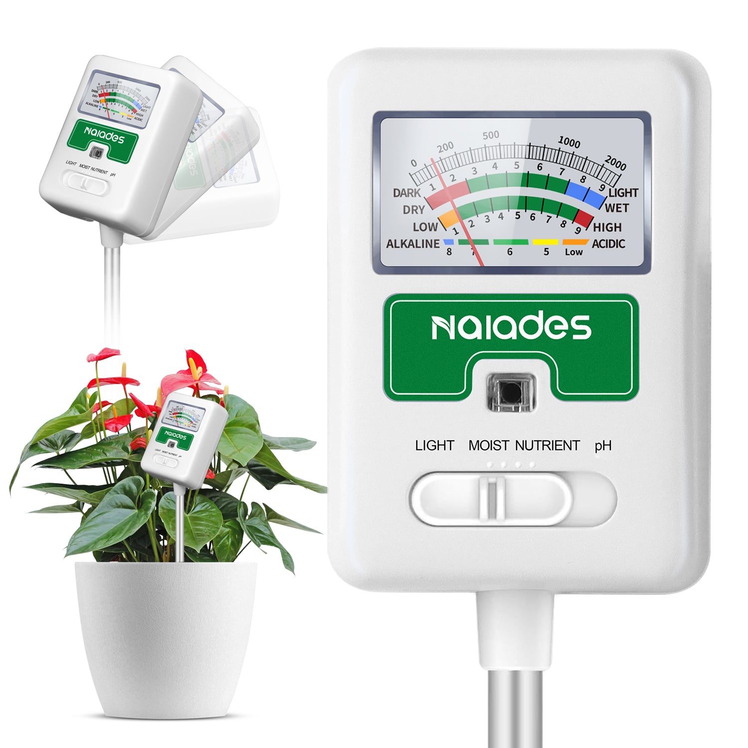 Naiades Soil Moisture Meter for Plants, 4-in-1 Soil pH Tester, Soil Tester for Moisture, Light, Nutrients, pH, Soil Ph Test Kit Water Meter for Indoor Plants & Outdoor Garden, Lawn, Farm (No Battery Required) --White P404