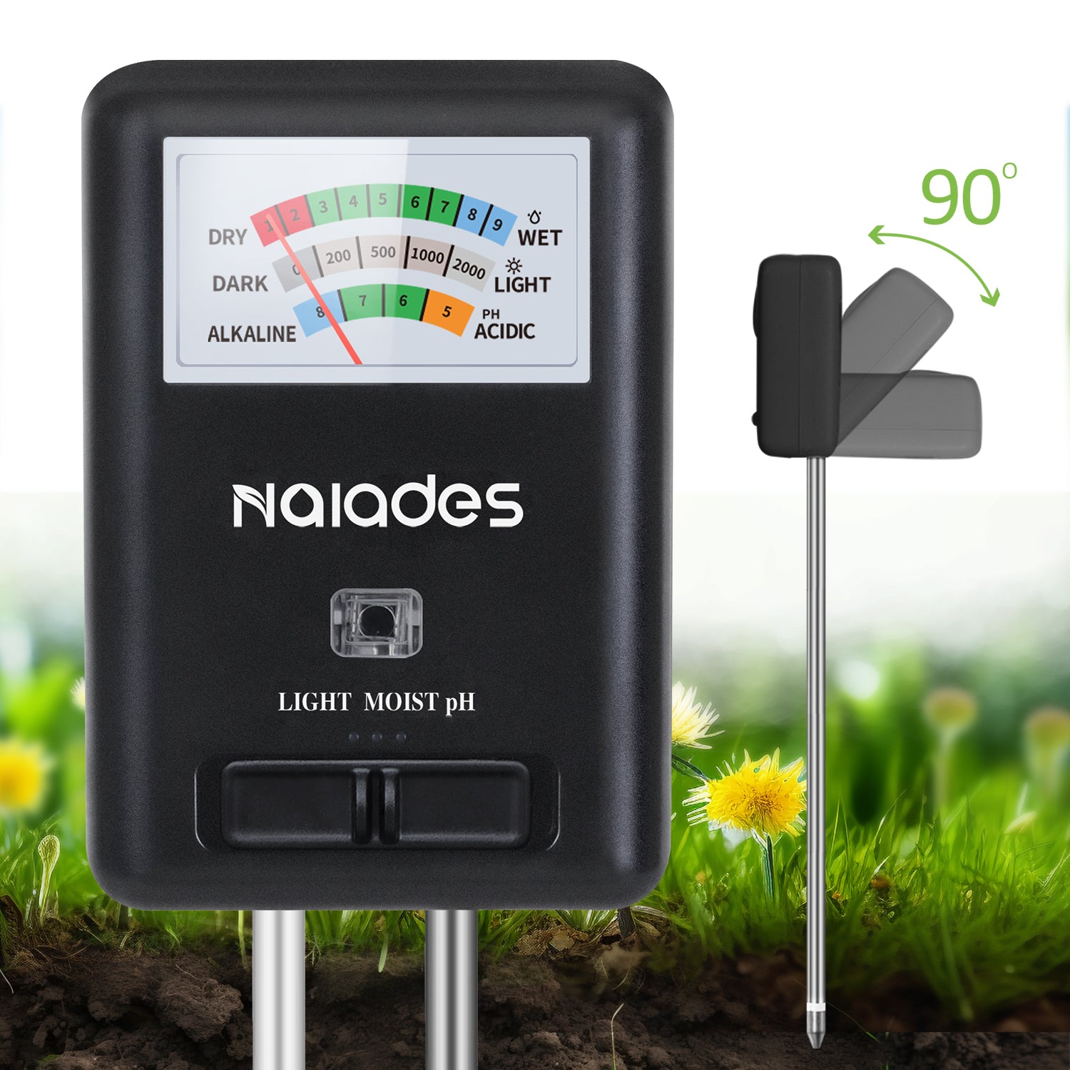 Naiades 3-in-1 Soil Moisture Meter Light and PH Tester for Indoor & Outdoor House Plants, Garden, Lawn, Farm (No Battery Needed)--P407