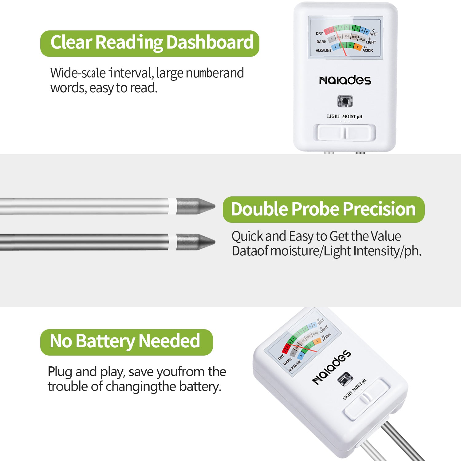 Naiades 3-in-1 Soil Moisture Meter Light and PH Tester for Indoor & Outdoor House Plants, Garden, Lawn, Farm (No Battery Needed)--P407