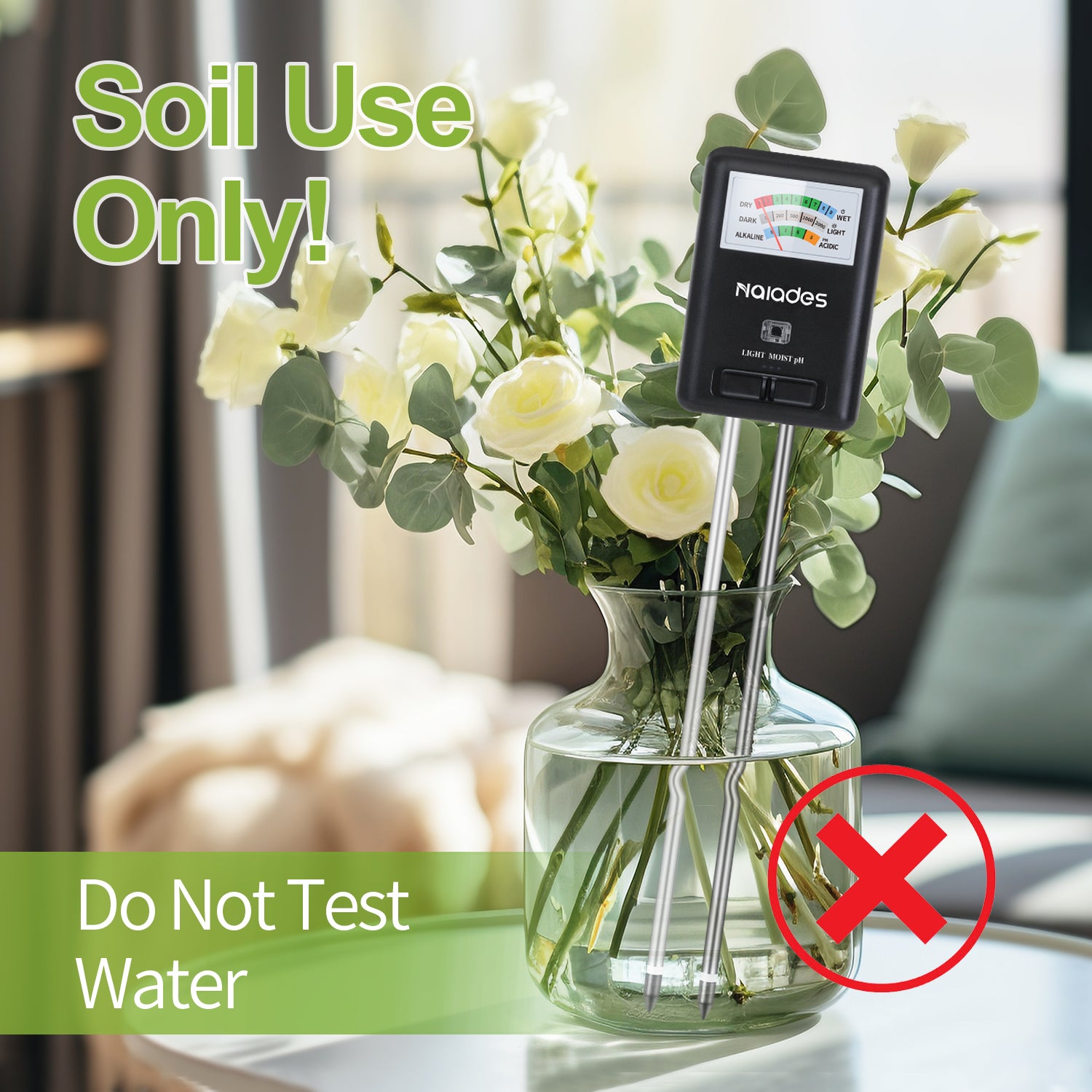 Naiades 3-in-1 Soil Moisture Meter Light and PH Tester for Indoor & Outdoor House Plants, Garden, Lawn, Farm (No Battery Needed)--P407