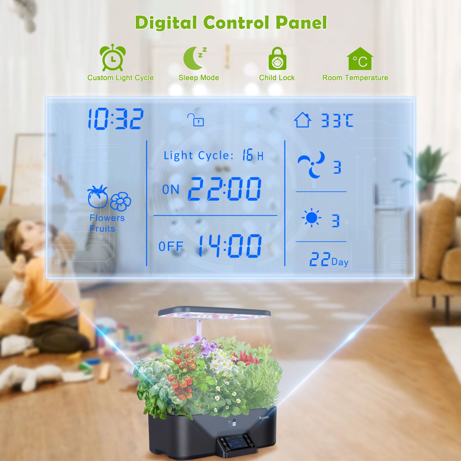 Dryades Indoor Hydroponics Growing System Kit with Digital Control Panel, 17 Pods Herb Garden Planter Kitchen Hydroponic Gardening Provides Weekly Harvest - Z208 Black