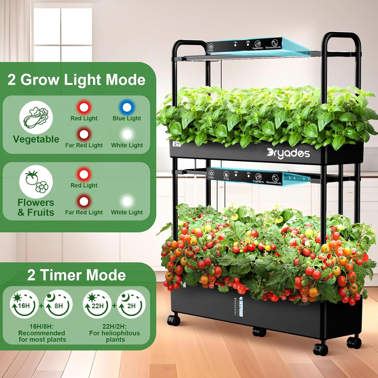 Dryades Large Hydroponics Growing System Kit, 60 Pods Vertical Hydroponic Garden with 2 Light Modes Grow Light, Auto Circulating Water System, 32L Indoor Gardening System for Herb Vegetable Fruit Z210-2L-BL