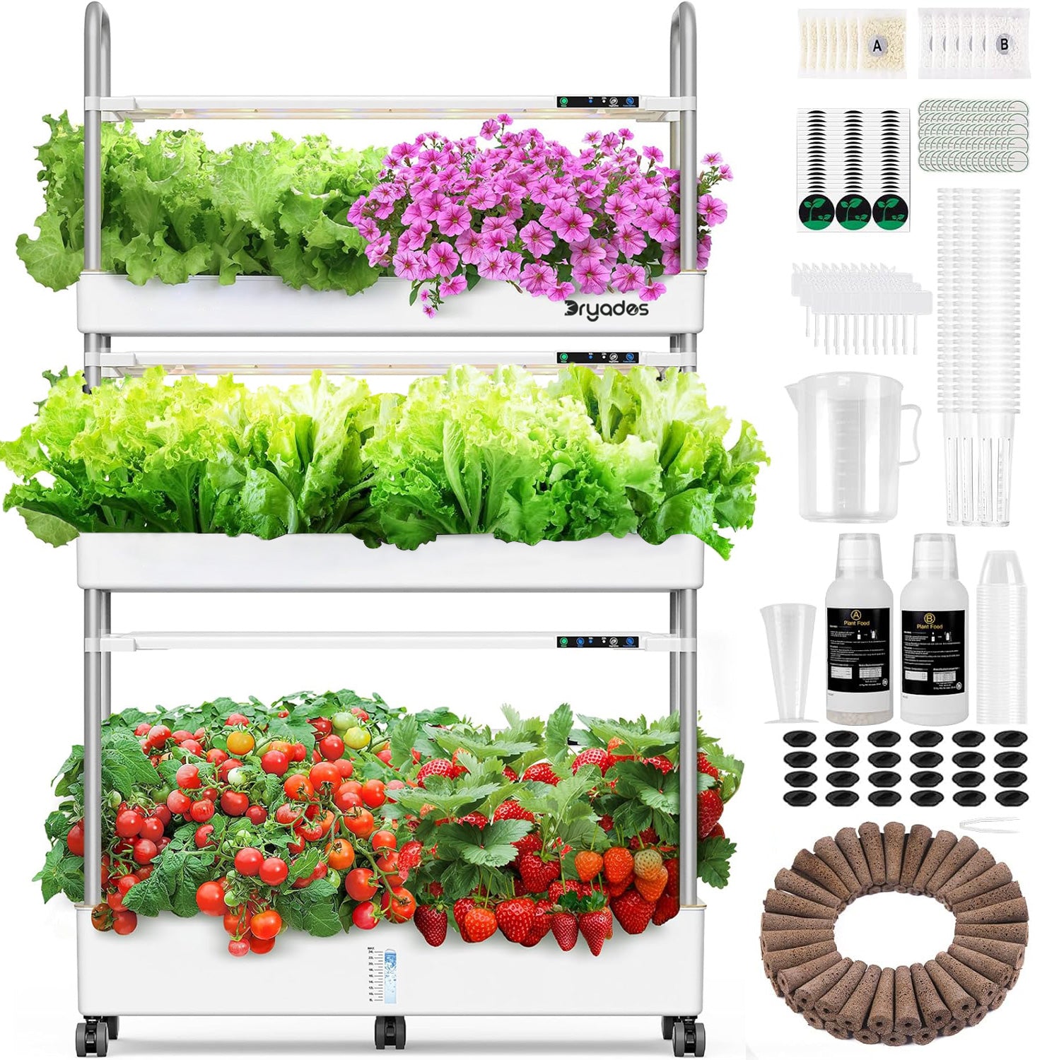 Dryades Hydroponics Growing System Kit, 90 Pods, Large Vertical Hydroponic Garden, 40L Indoor Gardening System for Herb Vegetable Fruit, with 3 Light Modes, Auto Circulating Water System Z210-3L-WH