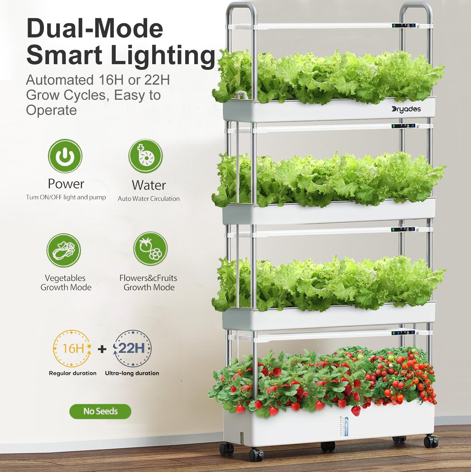 Dryades Hydroponics Growing System Kit, 120 Pods, Large Vertical Hydroponic Garden, 48L Indoor Gardening System for Herb Vegetable Fruit, with 4 Light Modes, Auto Circulating Water System Z210-4L-WH