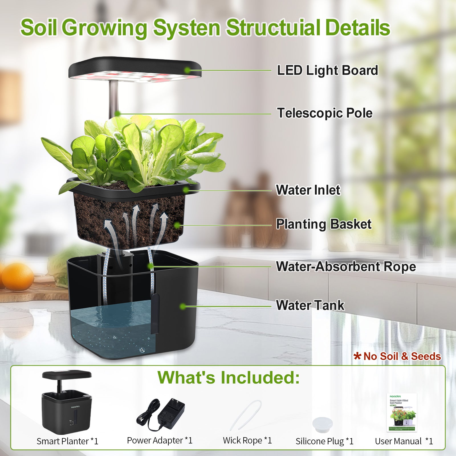 Naiades Indoor Garden Growing Systems Self-Watering Plant Pot Smart Gardening System with 17 Watts LED Grow Light Auto Timer Gardening Plant Gifts for Mom Women Plant Pot for vegetables herbs(No Seeds&Soil)