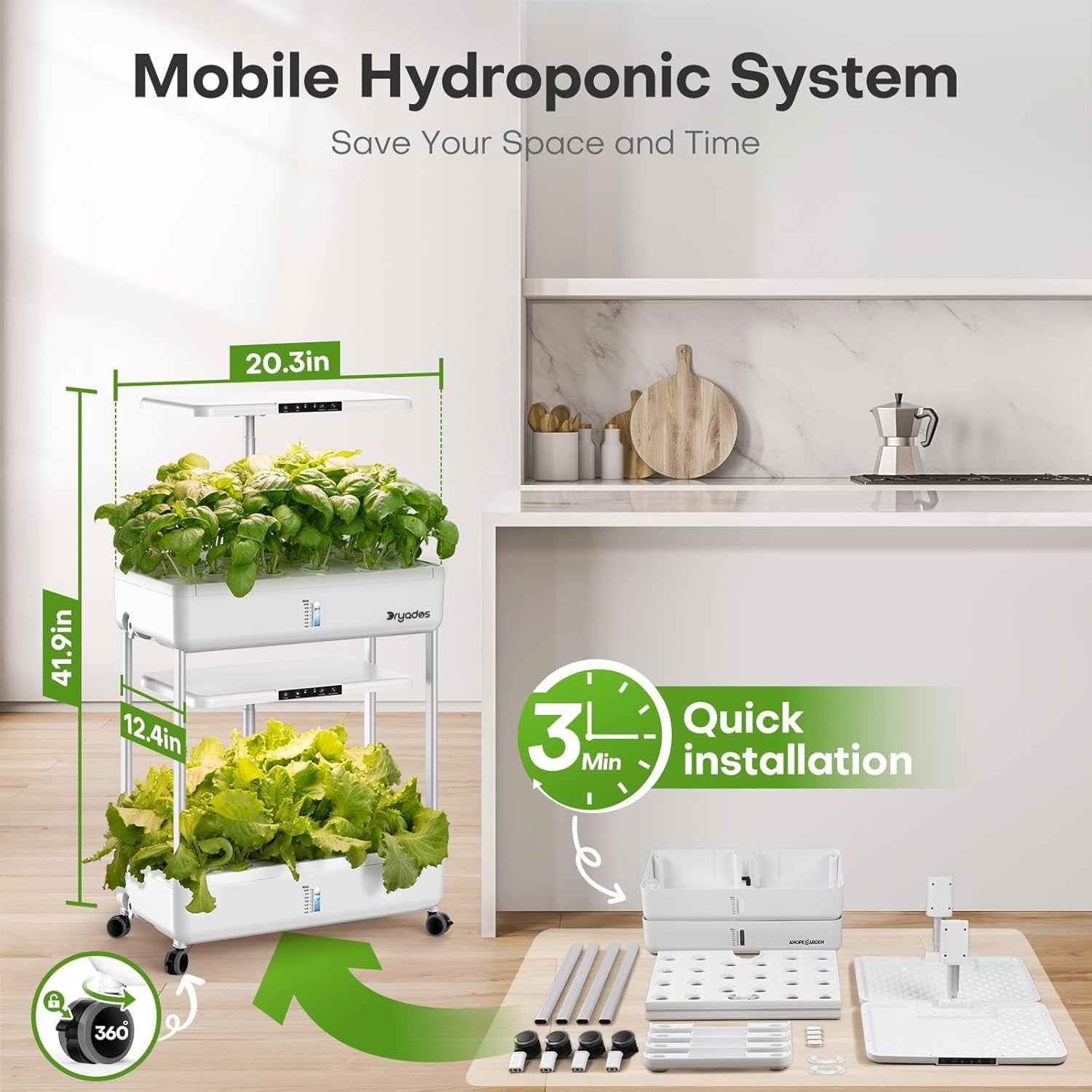 Dryades Hydroponics Growing System Indoor Garden, 44 Pods Plant Herb Garden Germination Kit with LED Grow Light, 20L Double-Layer Large Capacity Hydrophonic Planter Grower for Vegetable Fruit Z243-2L-WH