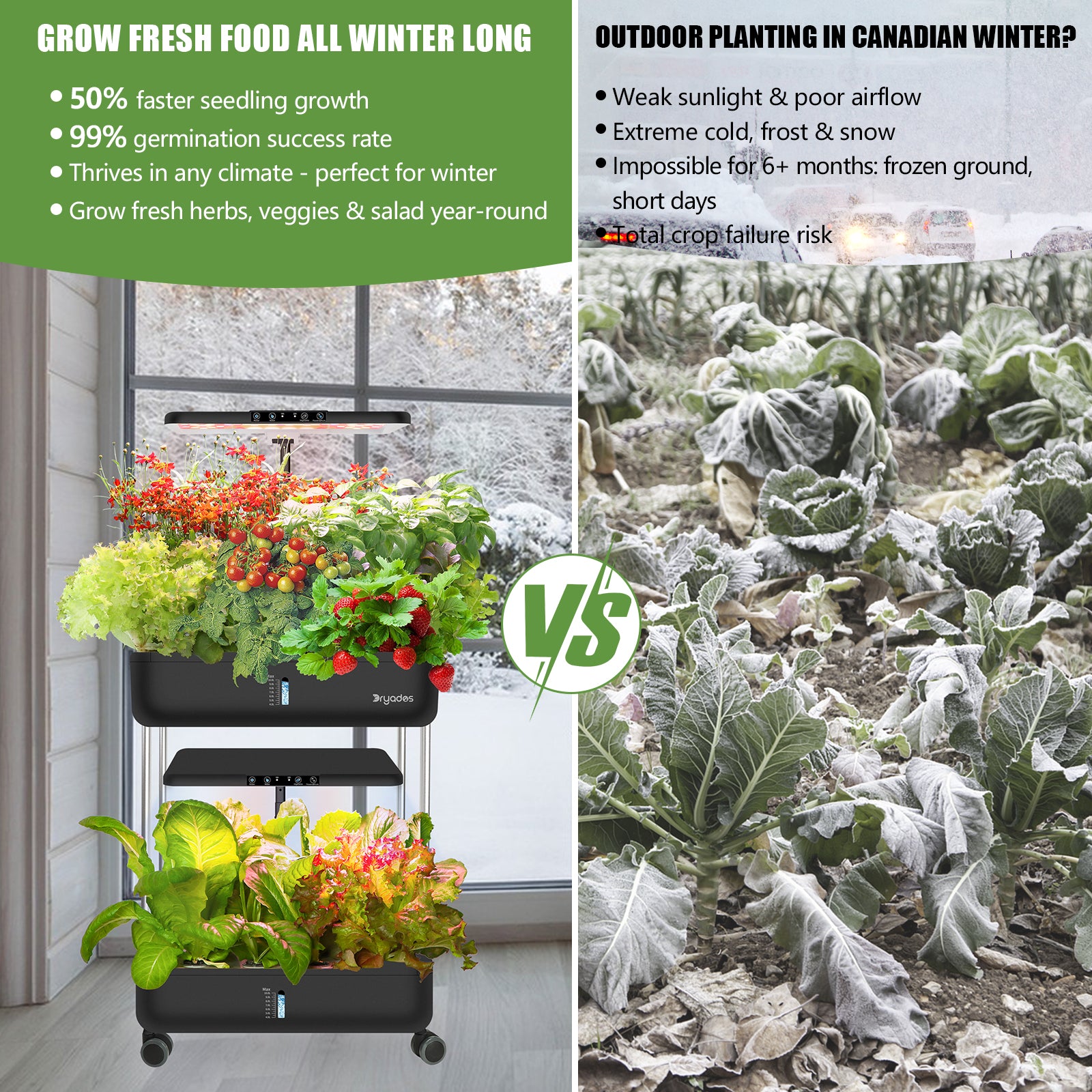 DRYADES 44 Pods Hydroponics Growing System, DRYADES Dual Layers Indoor Garden with LED Full Spectrum Grow Light, 2 × 13.3L Water Tanks, Height & Angle Adjustable, Professional Smart Plant Germination Kits - Z243