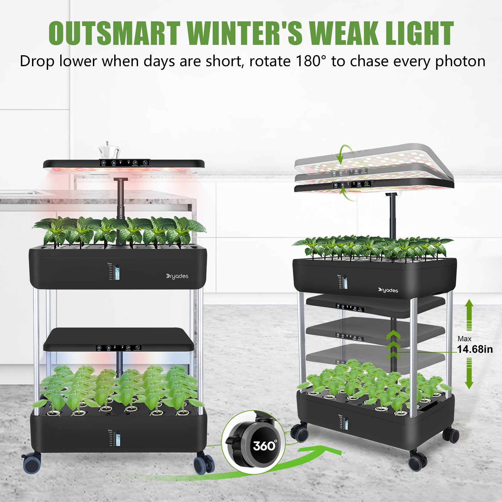 DRYADES 44 Pods Hydroponics Growing System, DRYADES Dual Layers Indoor Garden with LED Full Spectrum Grow Light, 2 × 13.3L Water Tanks, Height & Angle Adjustable, Professional Smart Plant Germination Kits - Z243