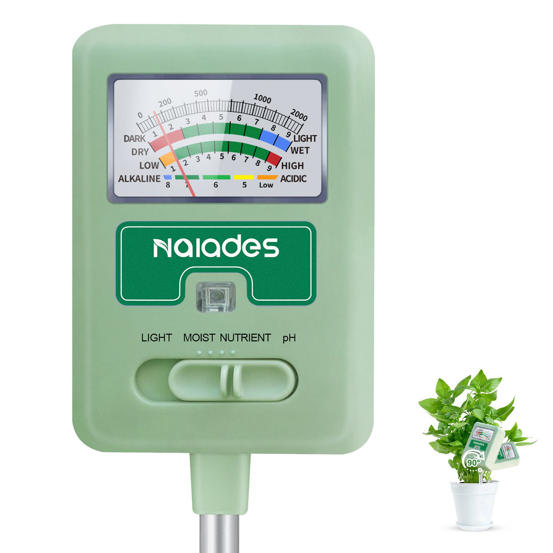 Naiades Soil Moisture Meter for Plants, 4-in-1 Soil pH Tester, Soil Tester for Moisture, Light, Nutrients, pH, Soil Ph Test Kit Water Meter for Indoor Plants &amp; Outdoor Garden, Lawn, Farm (No Battery Required) --Green P404
