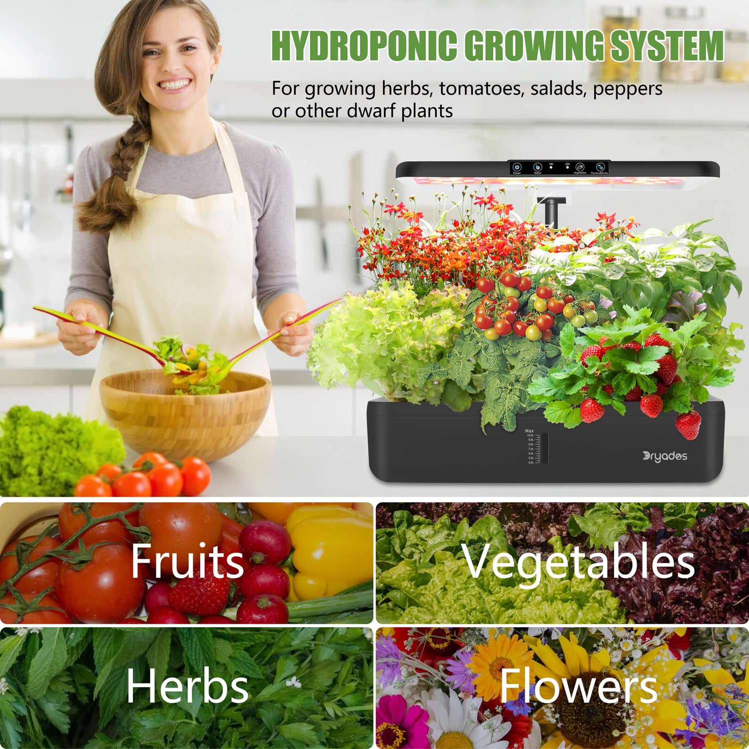 DRYADES 44 Pods Hydroponics Growing System, DRYADES Dual Layers Indoor Garden with LED Full Spectrum Grow Light, 2 × 13.3L Water Tanks, Height &amp; Angle Adjustable, Professional Smart Plant Germination Kits - Z243