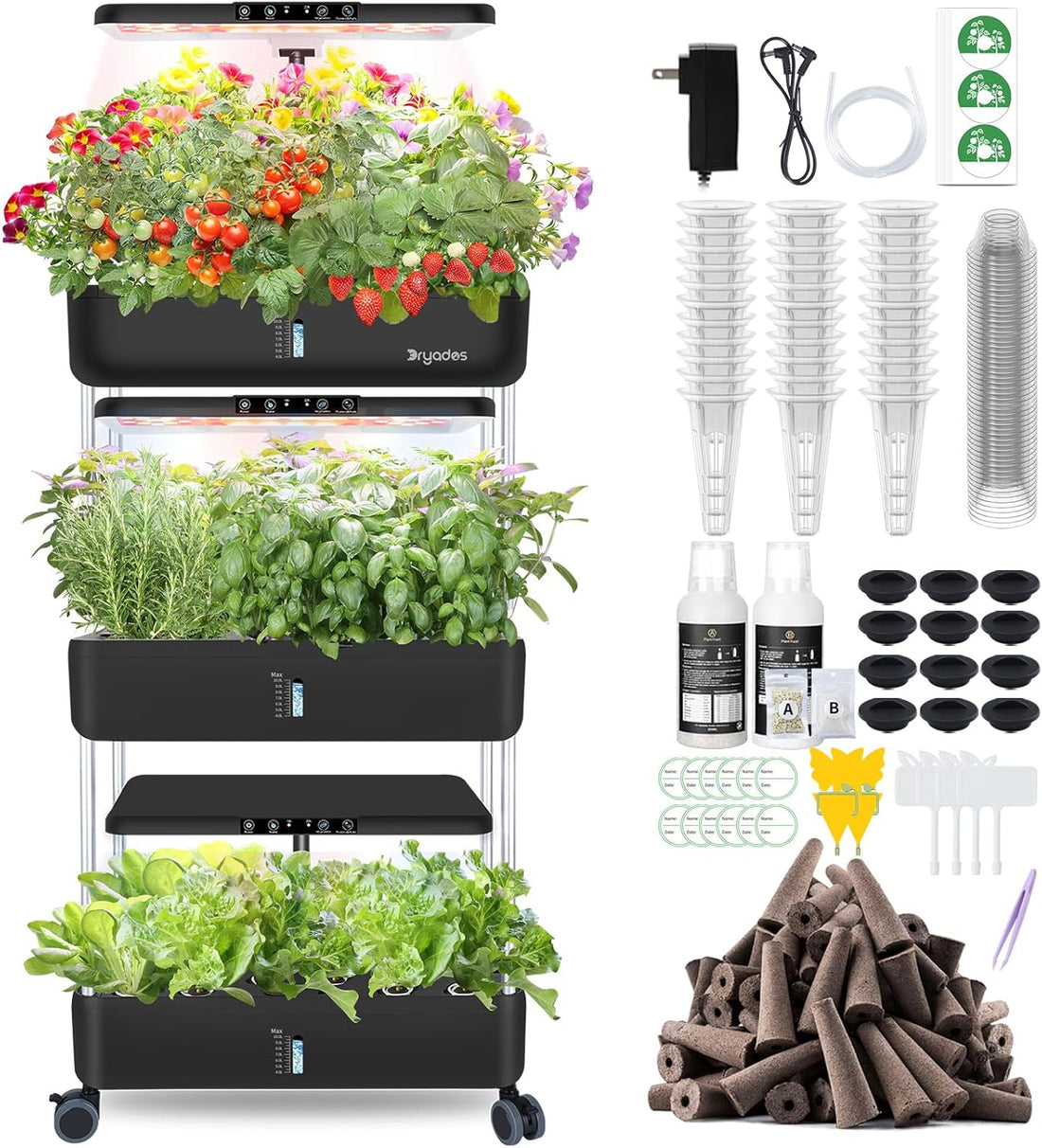 DRYADES 66 Pods Hydroponics Growing System, DRYADES Three Layers Indoor Garden with LED Full Spectrum Grow Light, 3 × 13.3L Water Tanks, Height &amp; Angle Adjustable, Professional Smart Plant Germination Kits --Z243