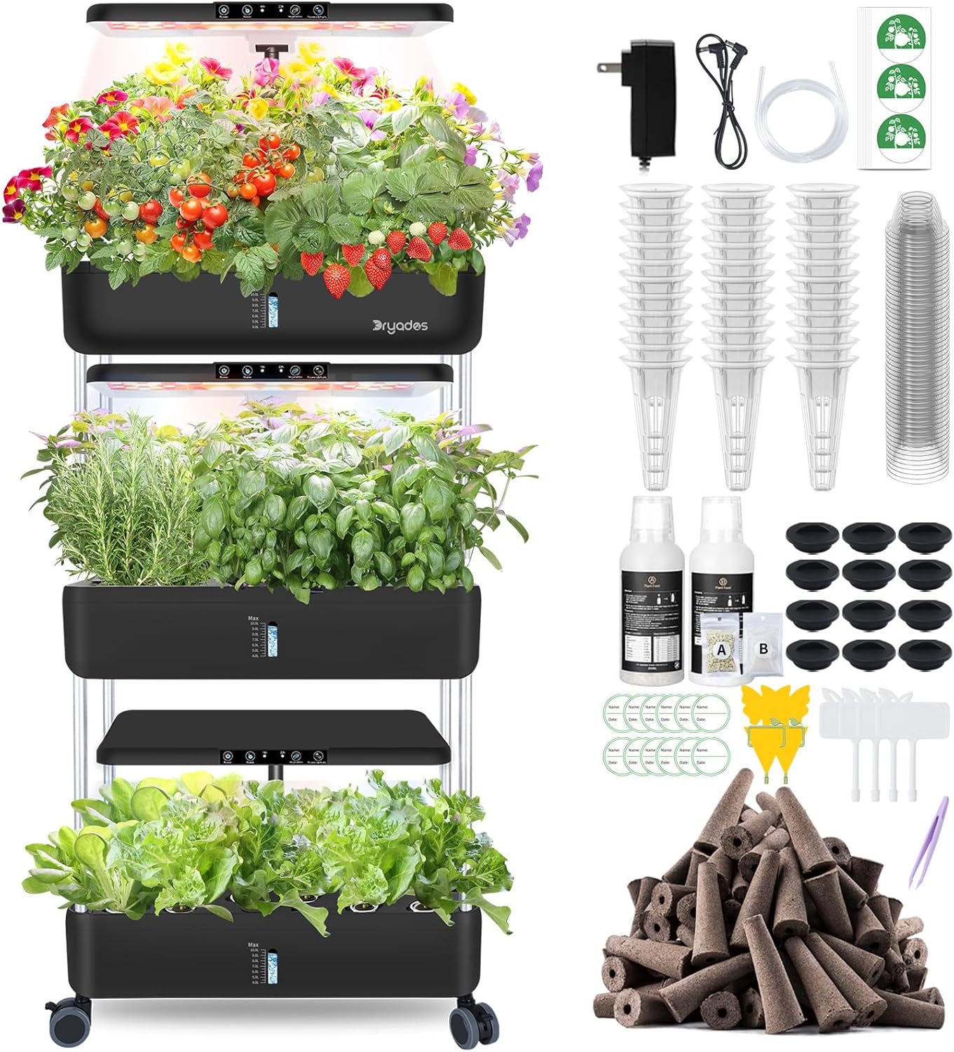 DRYADES 66 Pods Hydroponics Growing System, DRYADES Three Layers Indoor Garden with LED Full Spectrum Grow Light, 3 × 13.3L Water Tanks, Height &amp; Angle Adjustable, Professional Smart Plant Germination Kits --Z243