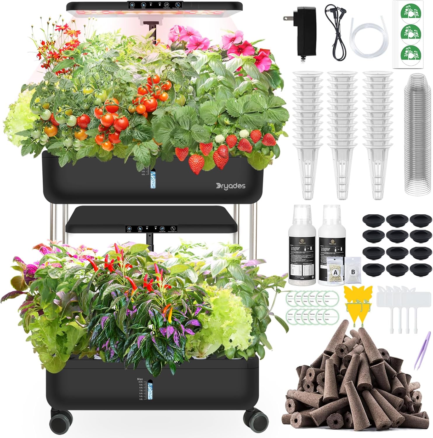 DRYADES 44 Pods Hydroponics Growing System, DRYADES Dual Layers Indoor Garden with LED Full Spectrum Grow Light, 2 × 13.3L Water Tanks, Height &amp; Angle Adjustable, Professional Smart Plant Germination Kits - Z243