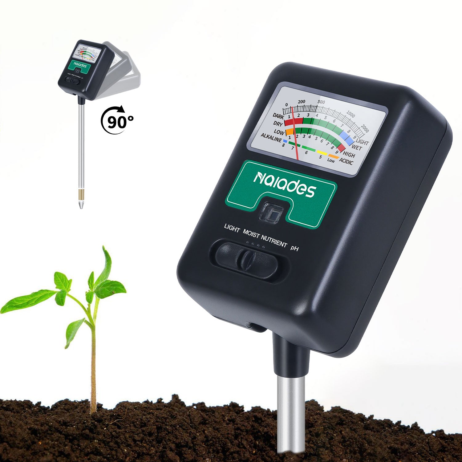 Naiades Soil Moisture Meter for Plants, 4-in-1 Soil pH Tester, Soil Tester for Moisture, Light, Nutrients, pH, Soil Ph Test Kit Water Meter for Indoor Plants &amp; Outdoor Garden, Lawn, Farm (No Battery Required) --Black P404