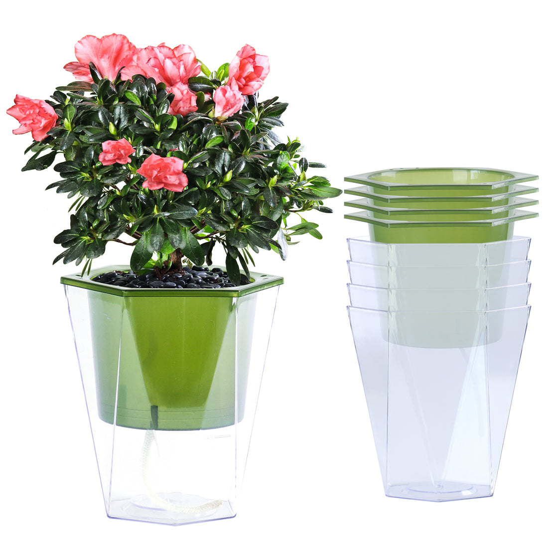 OLiz Self Watering Planter 5 Pcs, 4.5 Inch Flower Plant Pot with Transparent Inner Pot, Gardening Flowerpot with Watering Can, Indoor Self Watering Planter Pot for Herbs, Flowers (Green)/(White) U05