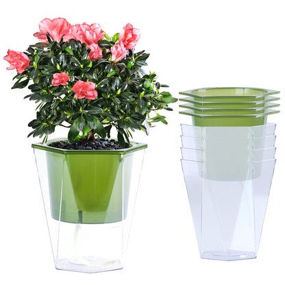 OLiz Self Watering Planter 5 Pcs, 4.5 Inch Flower Plant Pot with Transparent Inner Pot, Gardening Flowerpot with Watering Can, Indoor Self Watering Planter Pot for Herbs, Flowers (Green)/(White) U05