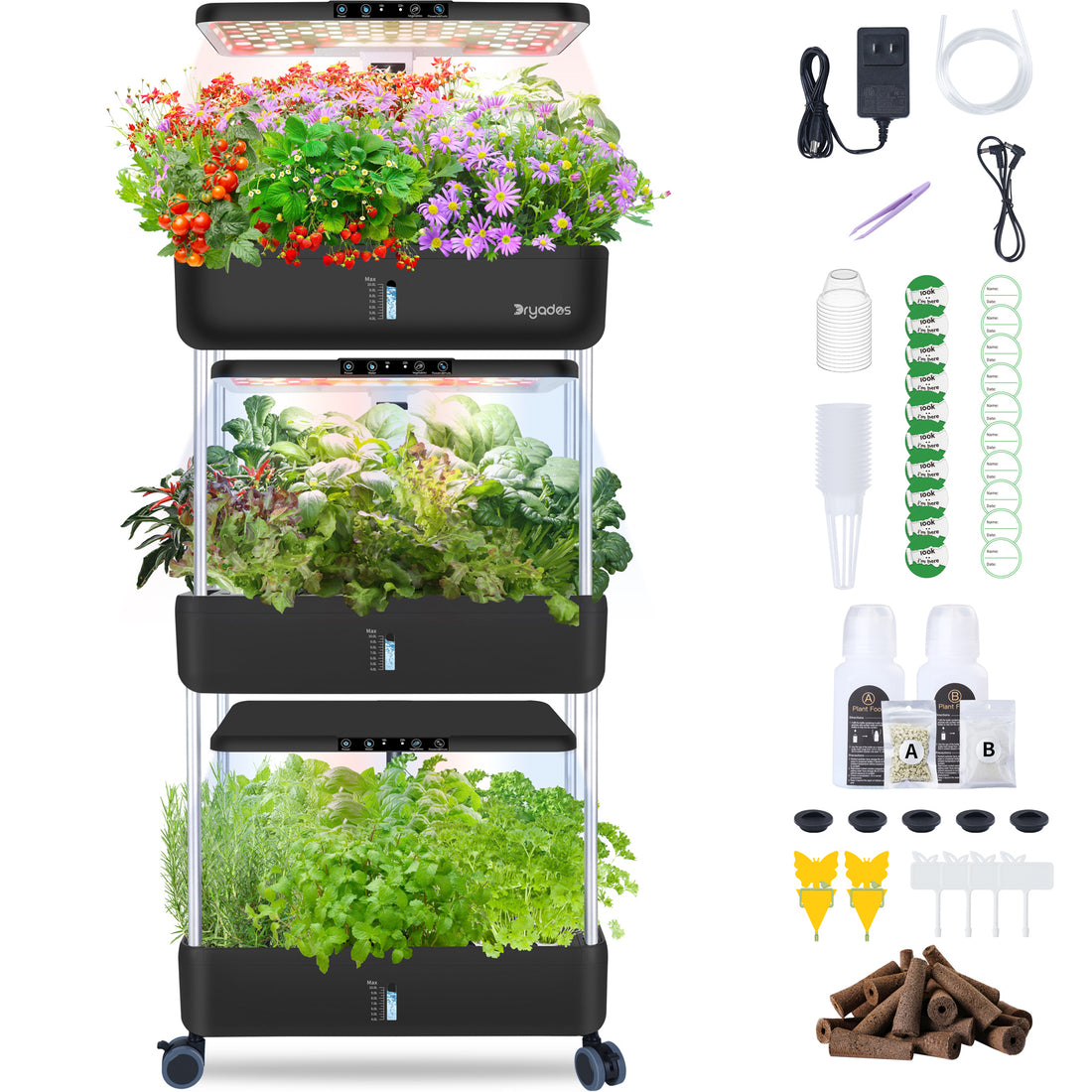 DRYADES 66 Pods Hydroponics Growing System, DRYADES Three Layers Indoor Garden with LED Full Spectrum Grow Light, 3 × 13.3L Water Tanks, Height &amp; Angle Adjustable, Professional Smart Plant Germination Kits --Z243