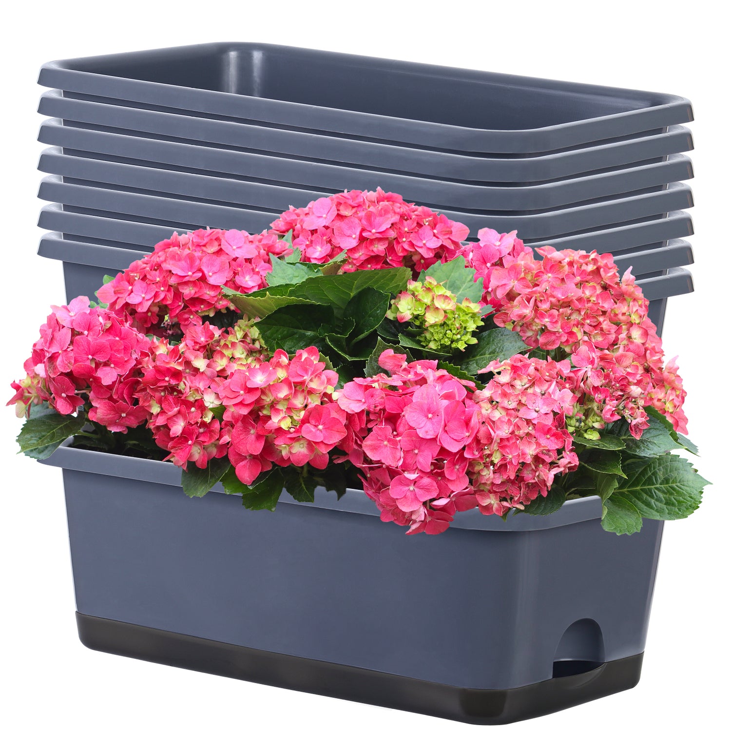 OLiz Window Box Planter 8 Pcs, 17 Inches Rectangle Flower Pots with Drainage Holes and Trays, Vegetable Planters for Windowsill Patio Garden Balcony Home Porch Yard Indoor Outdoor (Grey)--SC11