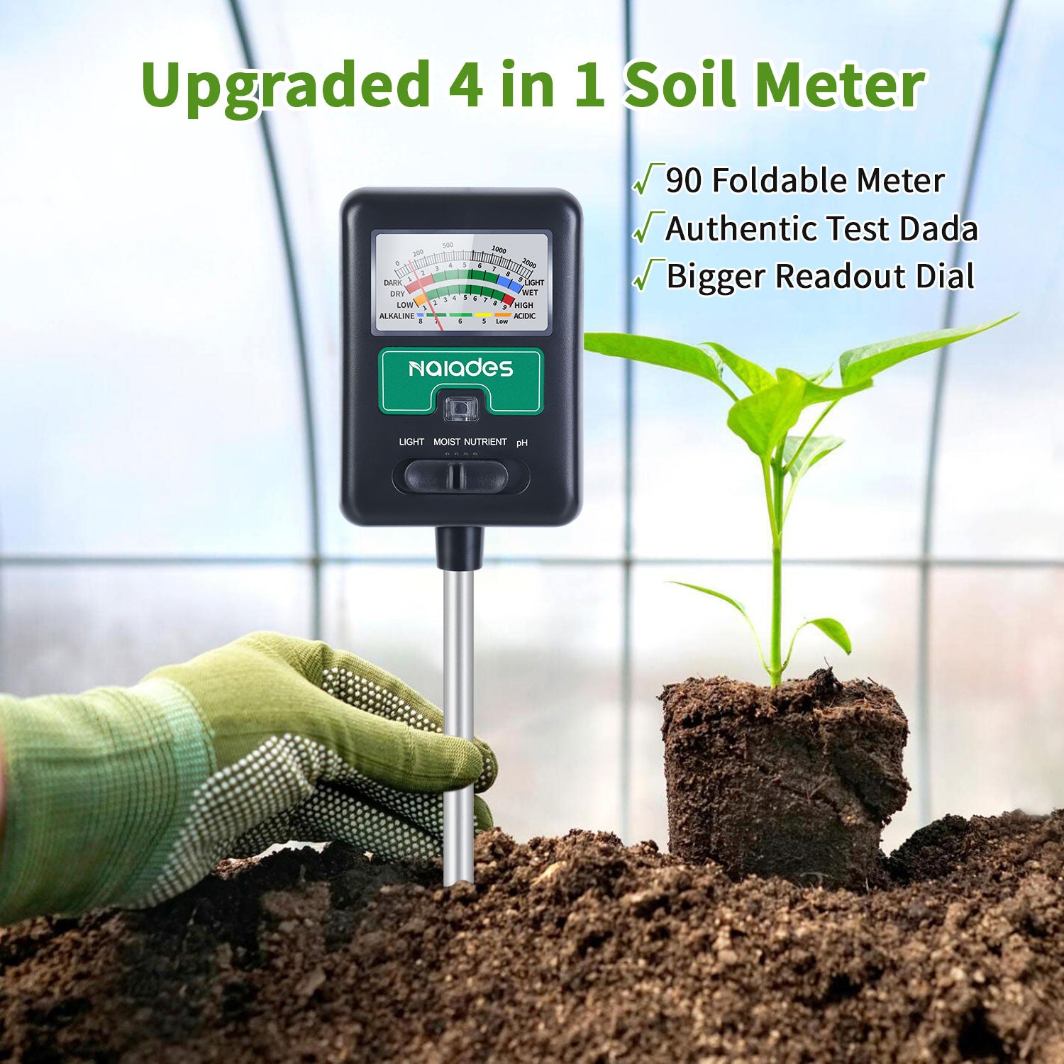 Naiades Soil Moisture Meter for Plants, 4-in-1 Soil pH Tester, Soil Tester for Moisture, Light, Nutrients, pH, Soil Ph Test Kit Water Meter for Indoor Plants &amp; Outdoor Garden, Lawn, Farm (No Battery Required) --Black P404