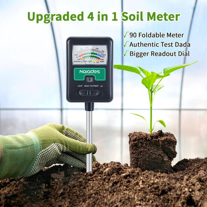 Naiades Soil Moisture Meter for Plants, 4-in-1 Soil pH Tester, Soil Tester for Moisture, Light, Nutrients, pH, Soil Ph Test Kit Water Meter for Indoor Plants &amp; Outdoor Garden, Lawn, Farm (No Battery Required) --Black P404