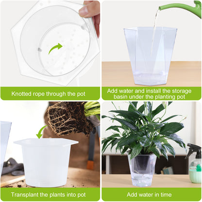 OLiz Self Watering Planter 5 Pcs, 4.5 Inch Flower Plant Pot with Transparent Inner Pot, Gardening Flowerpot with Watering Can, Indoor Self Watering Planter Pot for Herbs, Flowers (Green)/(White) U05