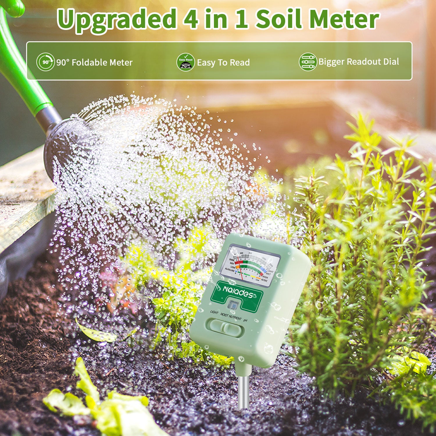Naiades Soil Moisture Meter for Plants, 4-in-1 Soil pH Tester, Soil Tester for Moisture, Light, Nutrients, pH, Soil Ph Test Kit Water Meter for Indoor Plants &amp; Outdoor Garden, Lawn, Farm (No Battery Required) --Green P404