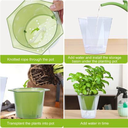 OLiz Self Watering Planter 5 Pcs, 4.5 Inch Flower Plant Pot with Transparent Inner Pot, Gardening Flowerpot with Watering Can, Indoor Self Watering Planter Pot for Herbs, Flowers (Green)/(White) U05