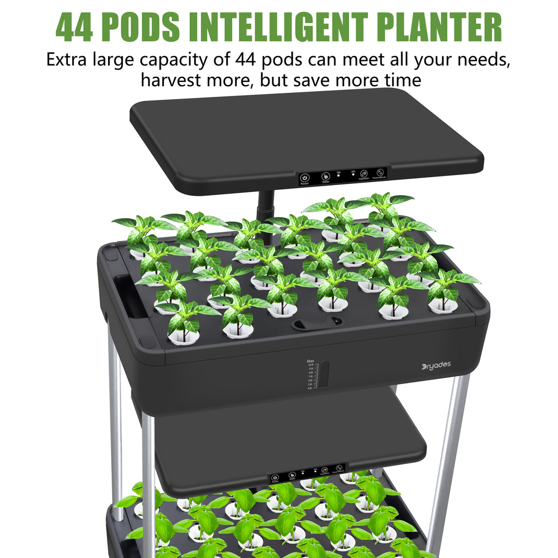 DRYADES 44 Pods Hydroponics Growing System, DRYADES Dual Layers Indoor Garden with LED Full Spectrum Grow Light, 2 × 13.3L Water Tanks, Height &amp; Angle Adjustable, Professional Smart Plant Germination Kits - Z243