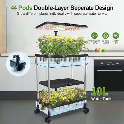 DRYADES 44 Pods Hydroponics Growing System, DRYADES Dual Layers Indoor Garden with LED Full Spectrum Grow Light, 2 × 13.3L Water Tanks, Height &amp; Angle Adjustable, Professional Smart Plant Germination Kits - Z243