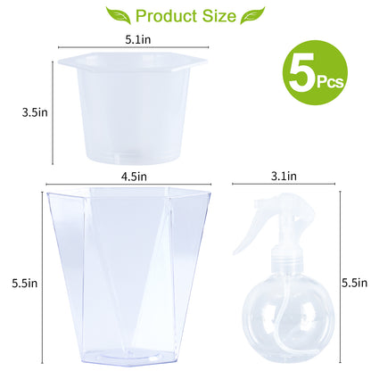 OLiz Self Watering Planter 5 Pcs, 4.5 Inch Flower Plant Pot with Transparent Inner Pot, Gardening Flowerpot with Watering Can, Indoor Self Watering Planter Pot for Herbs, Flowers (Green)/(White) U05