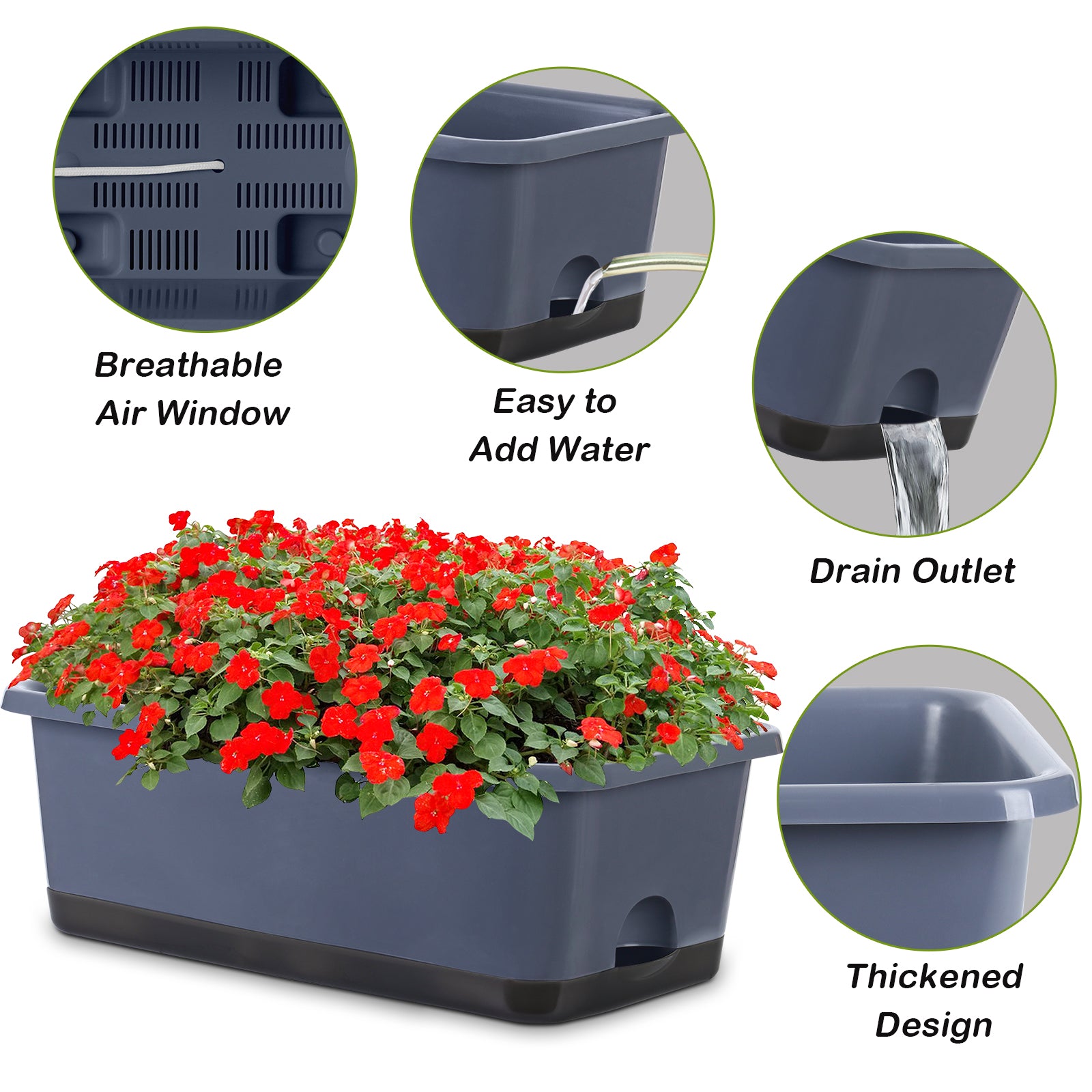 OLiz Window Box Planter 8 Pcs, 17 Inches Rectangle Flower Pots with Drainage Holes and Trays, Vegetable Planters for Windowsill Patio Garden Balcony Home Porch Yard Indoor Outdoor (Grey)--SC11