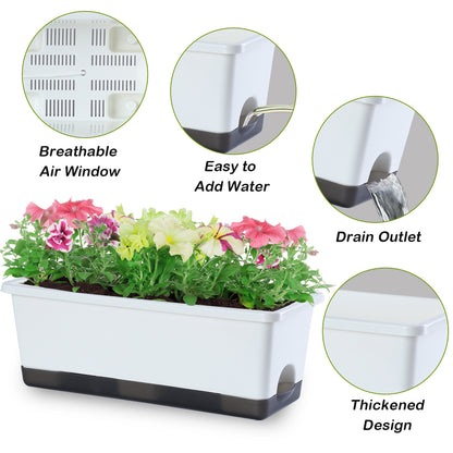 OLiz Window Box Planter 8 Pcs, 17 Inches Rectangle Flower Pots with Drainage Holes and Trays, Vegetable Planters for Windowsill Patio Garden Balcony Home Porch Yard Indoor Outdoor (White)--SC11