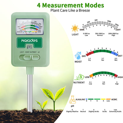 Naiades Soil Moisture Meter for Plants, 4-in-1 Soil pH Tester, Soil Tester for Moisture, Light, Nutrients, pH, Soil Ph Test Kit Water Meter for Indoor Plants &amp; Outdoor Garden, Lawn, Farm (No Battery Required) --Green P404