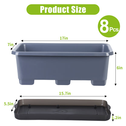 OLiz Window Box Planter 8 Pcs, 17 Inches Rectangle Flower Pots with Drainage Holes and Trays, Vegetable Planters for Windowsill Patio Garden Balcony Home Porch Yard Indoor Outdoor (Grey)--SC11